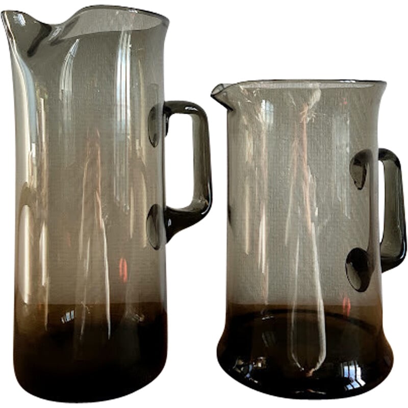 Pair of vintage smoked glass jugs with pinched neck, 1970