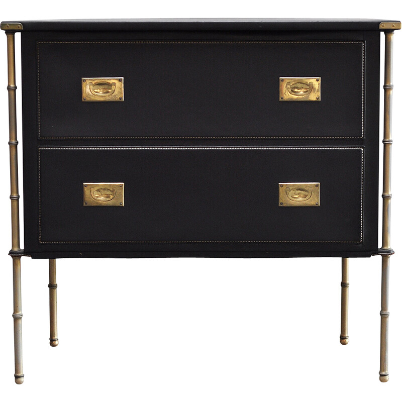 French vintage handstitched leather and brass chest of drawers by Jacques Adnet