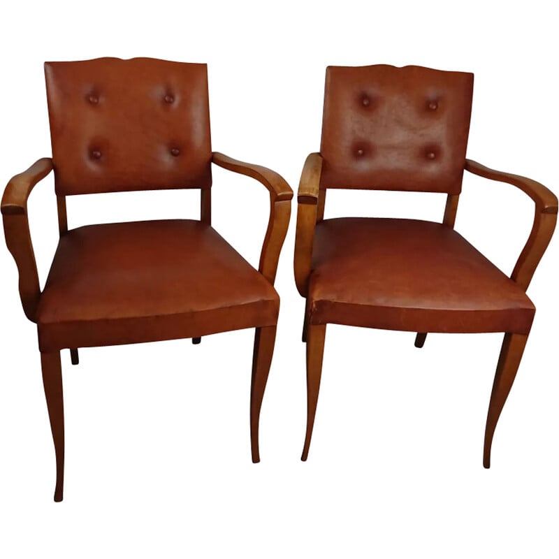 Pair of vintage brown leather armchairs, France 1950