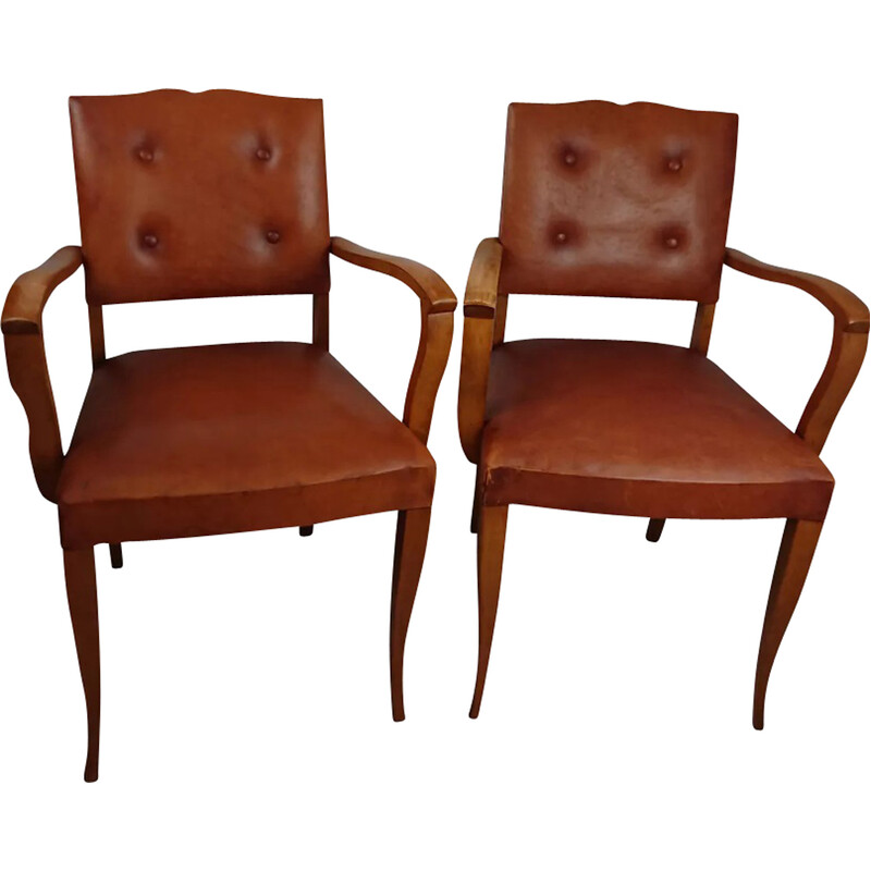Pareja de sillones vintage de cuero marrón, Francia 1950