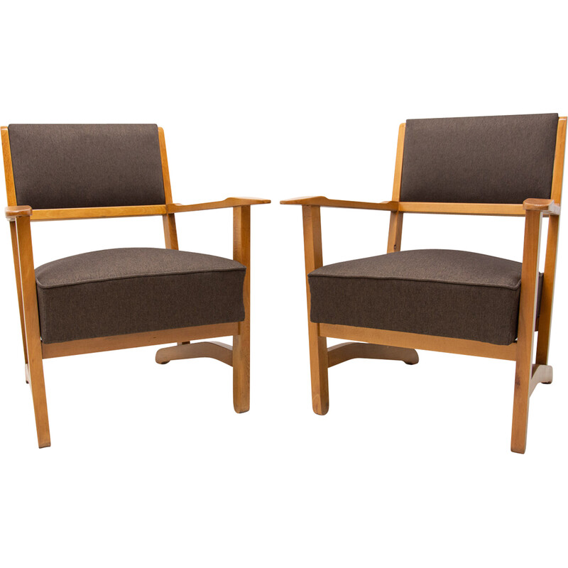 Pair of mid century armchairs in beech and ash wood, 1970s