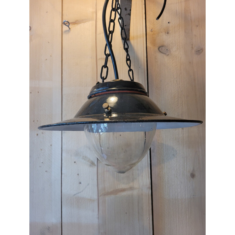 Vintage industrial pendant lamp in enamelled sheet metal and glass globe