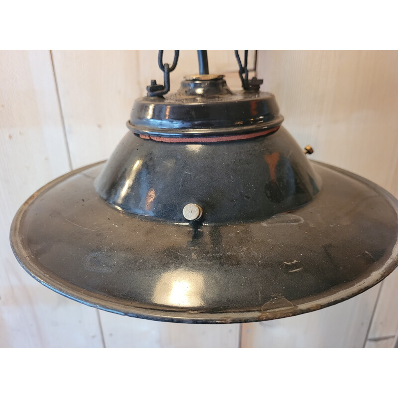 Vintage industrial pendant lamp in enamelled sheet metal and glass globe