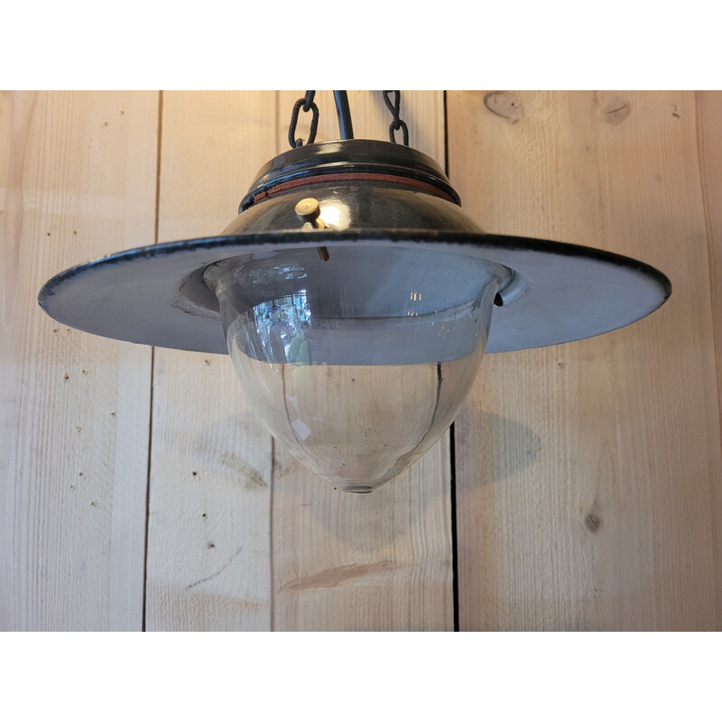 Vintage industrial pendant lamp in enamelled sheet metal and glass globe