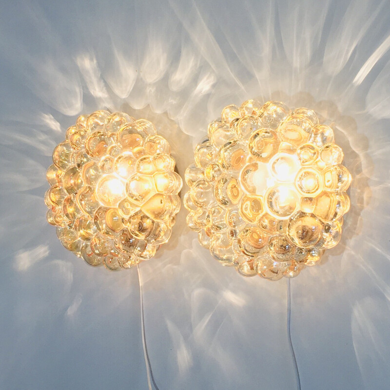 Paar vintage amber bubbelglas plafondlampen van Helena Tynell voor Limburg, Duitsland 1960
