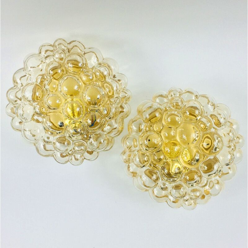 Pair of vintage amber bubble glass ceiling lamps by Helena Tynell for Limburg, Germany 1960s