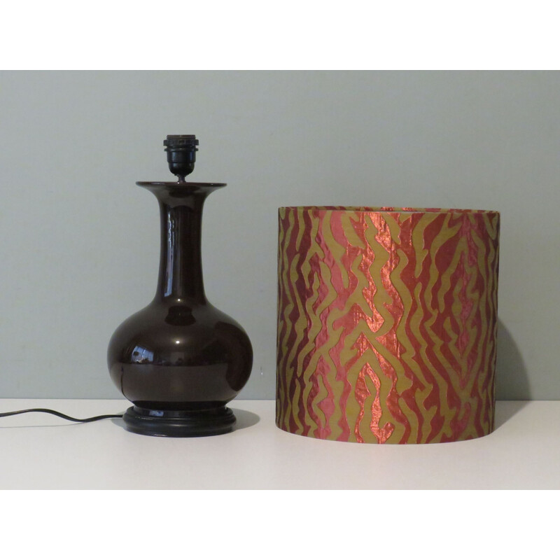 Lampada da tavolo orientale in ceramica marrone con paralume personalizzato, Italia 1970