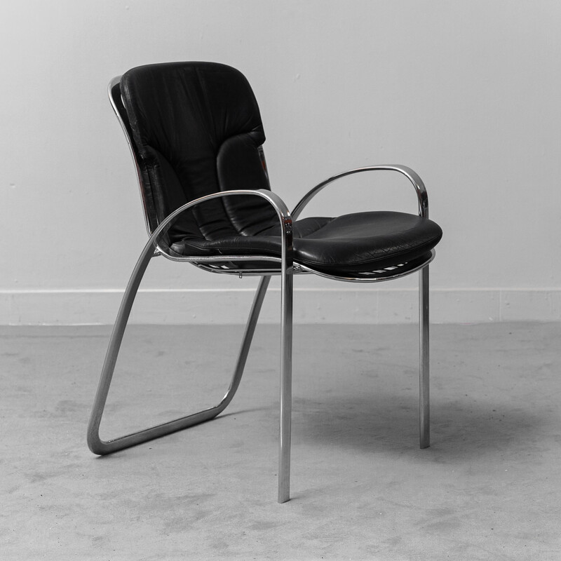Ensemble de 6 chaises vintage en cuir noir, 1970