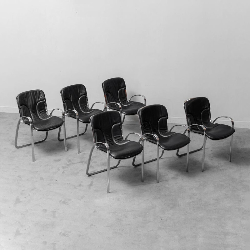 Set van 6 vintage zwart lederen stoelen, 1970