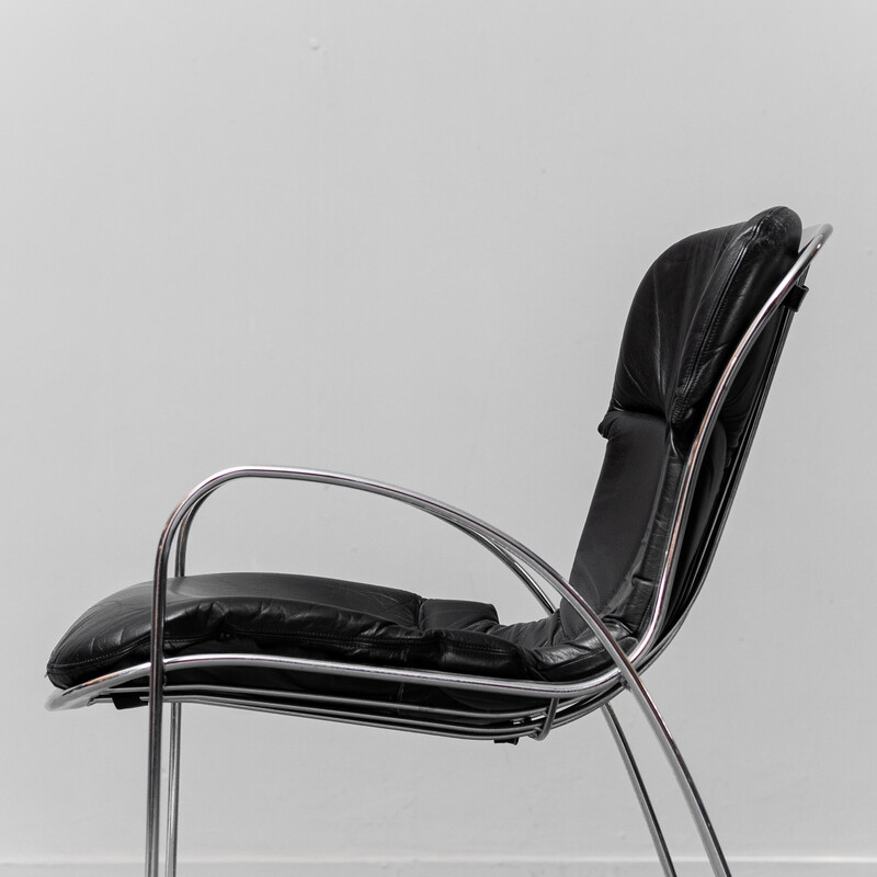 Satz von 6 Vintage-Stühlen aus schwarzem Leder, 1970