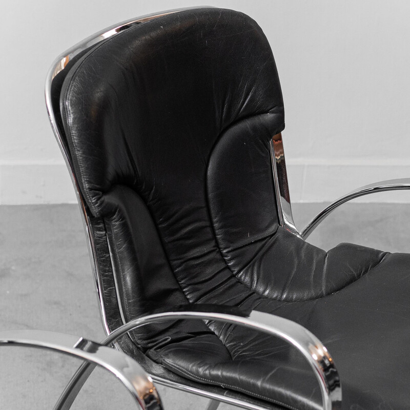 Set of 6 vintage black leather chairs, 1970