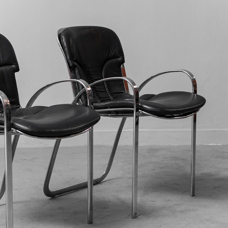 Ensemble de 6 chaises vintage en cuir noir, 1970