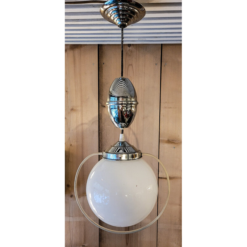 Vintage rise and fall opaline pendant lamp, 1950