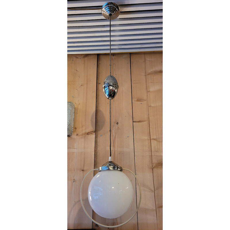 Vintage rise and fall opaline pendant lamp, 1950