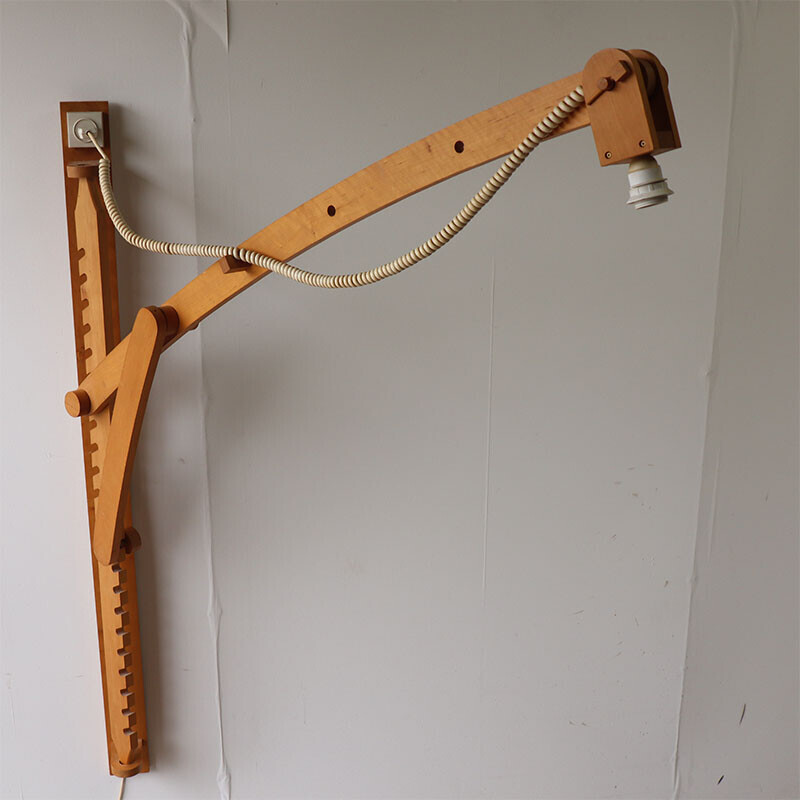 Scandinavian vintage wall lamp with adjustable rack in wood