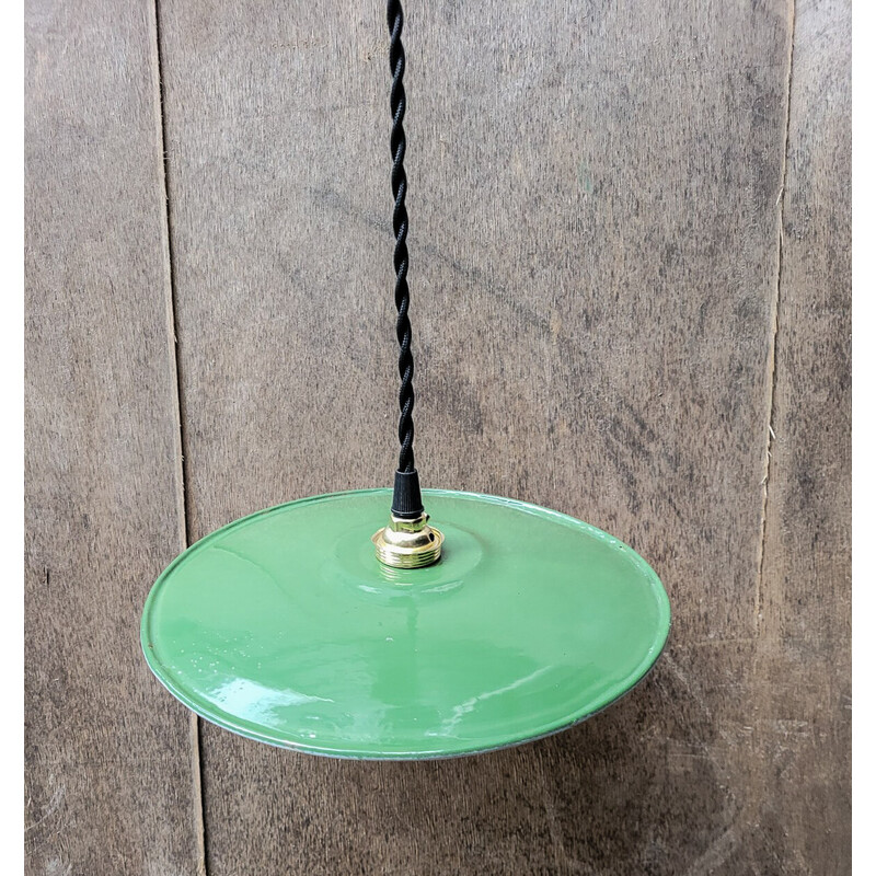 Set of 4 vintage industrial green and white enamelled sheet metal pendant lamps, 1930