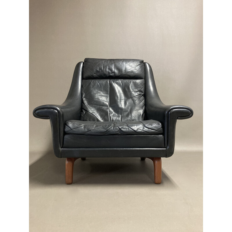 Vintage leather and teak armchair by Aage Christiansen, 1950