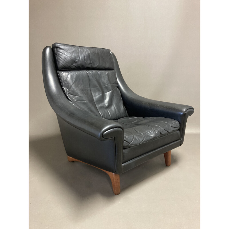 Vintage leather and teak armchair by Aage Christiansen, 1950