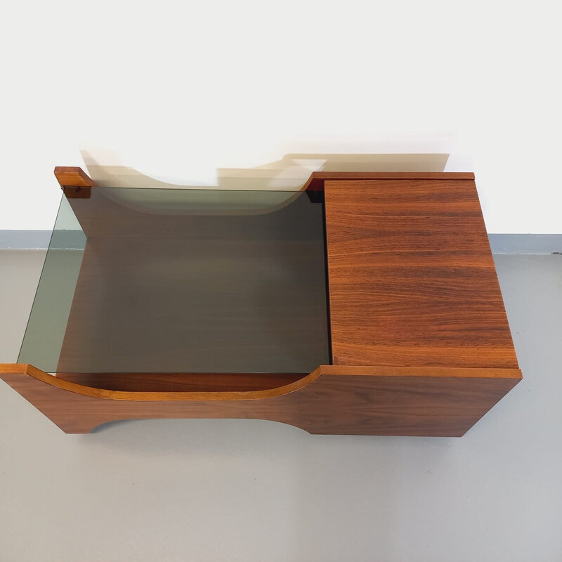 Vintage rosewood and smoked glass coffee table on casters, 1960