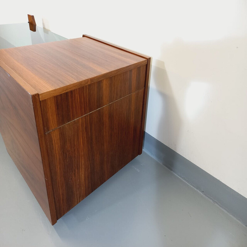 Vintage rosewood and smoked glass coffee table on casters, 1960