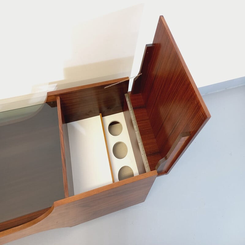 Vintage rosewood and smoked glass coffee table on casters, 1960