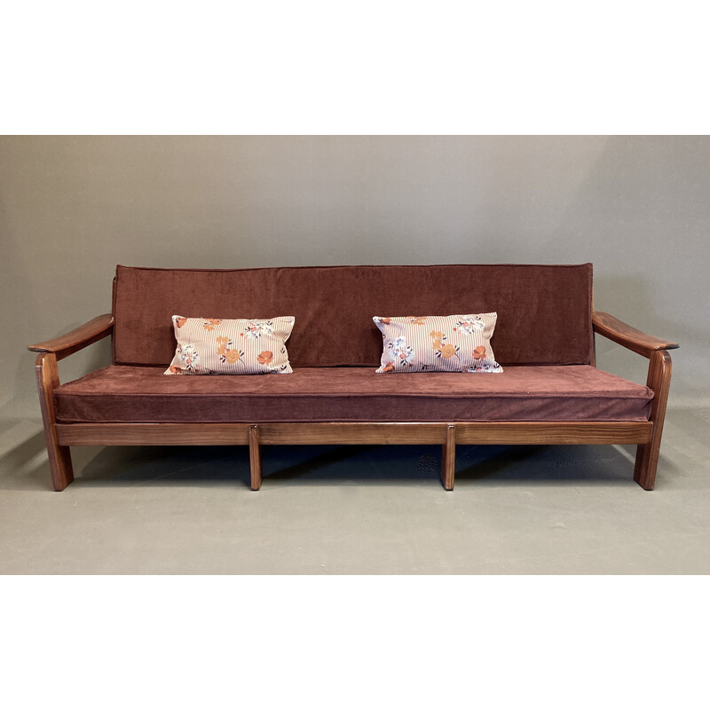 Scandinavian vintage 3 seater sofa in teak and velvet, 1950