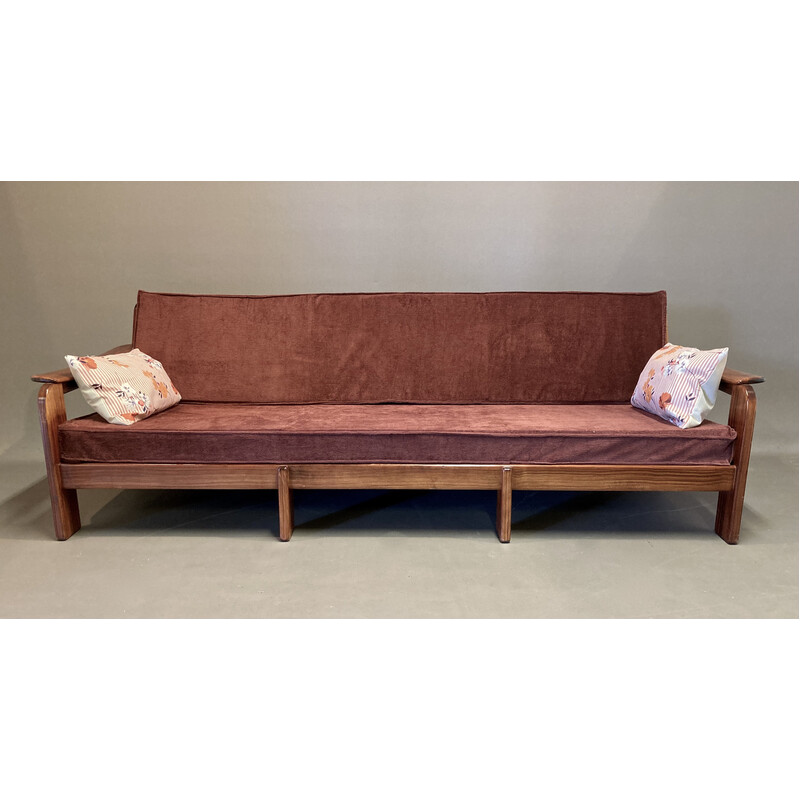 Scandinavian vintage 3 seater sofa in teak and velvet, 1950