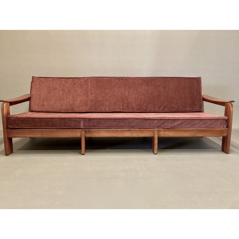 Scandinavian vintage 3 seater sofa in teak and velvet, 1950