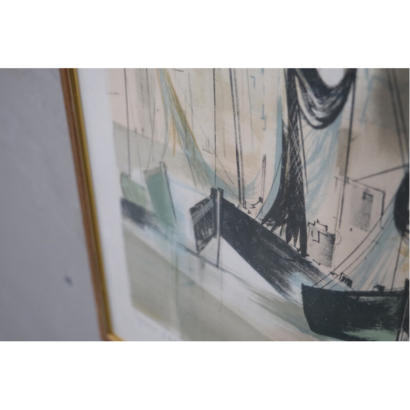 Lithographie de bateaux vintage par Claude Casati, 1980