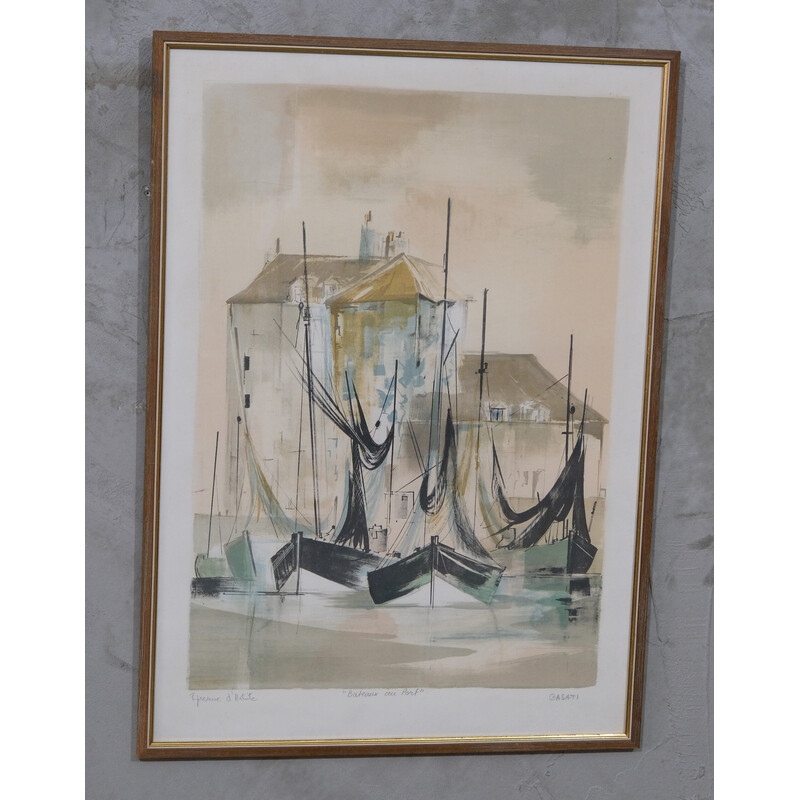 Lithographie de bateaux vintage par Claude Casati, 1980