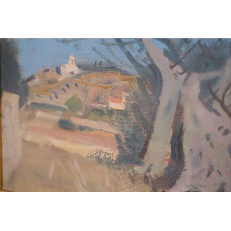 Huile sur panneau de paysage vintage par Ove Olson, 1960