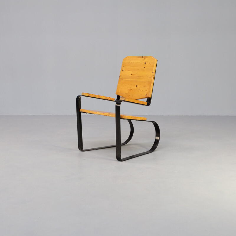 Fauteuil cantilever vintage en métal avec assise en pin, 1960