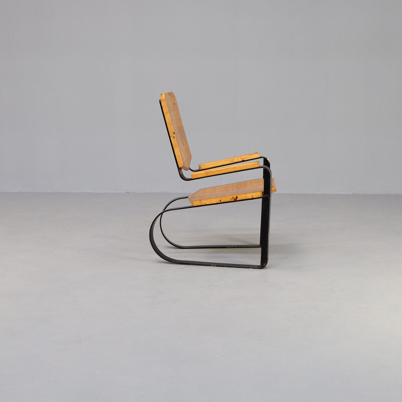 Vintage metal cantilever armchair with pine seat, 1960s