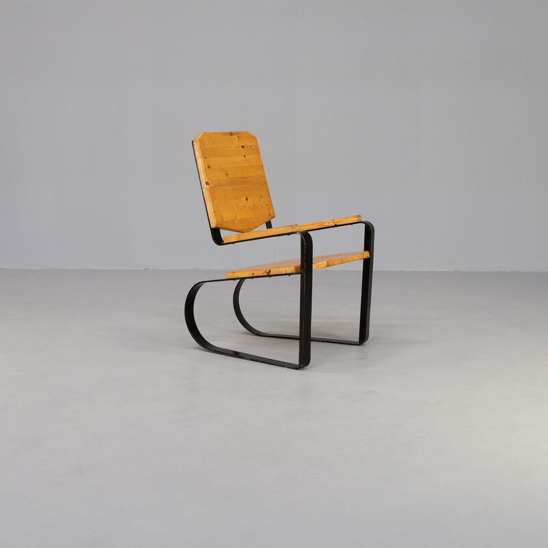 Freischwinger-Sessel aus Metall mit Sitz aus Kiefernholz, 1960er Jahre