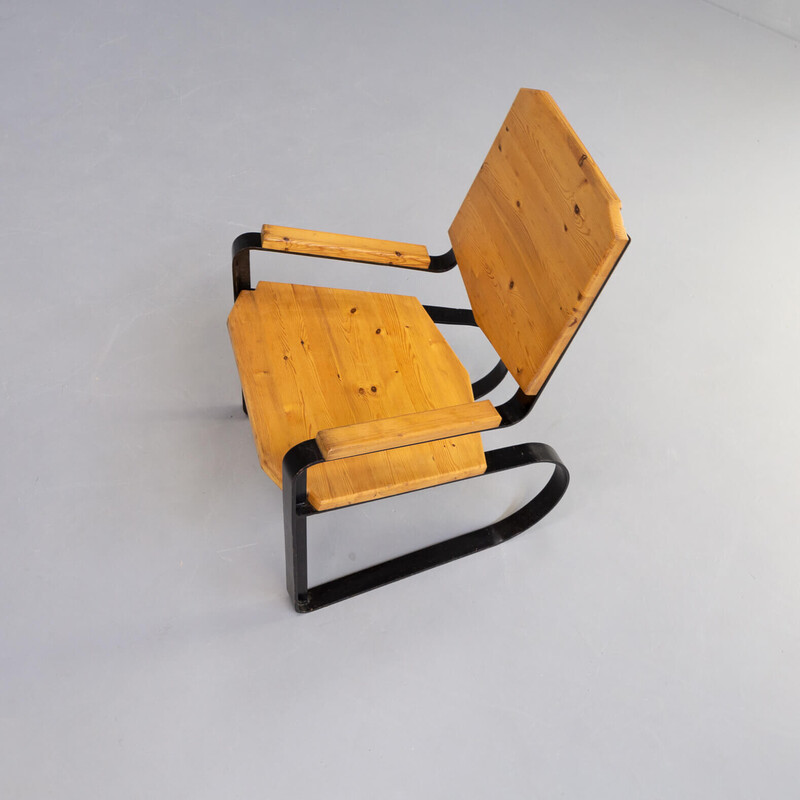 Vintage metal cantilever armchair with pine seat, 1960s