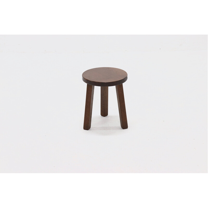 Brutalist vintage round tripod solid oakwood stool, 1960s