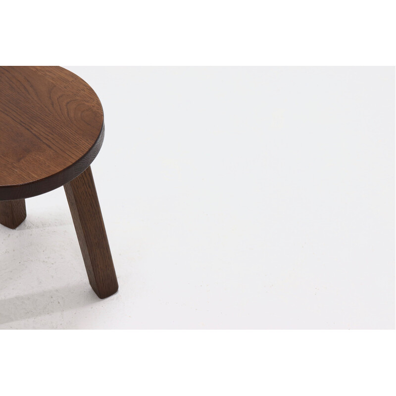 Brutalist vintage round tripod solid oakwood stool, 1960s
