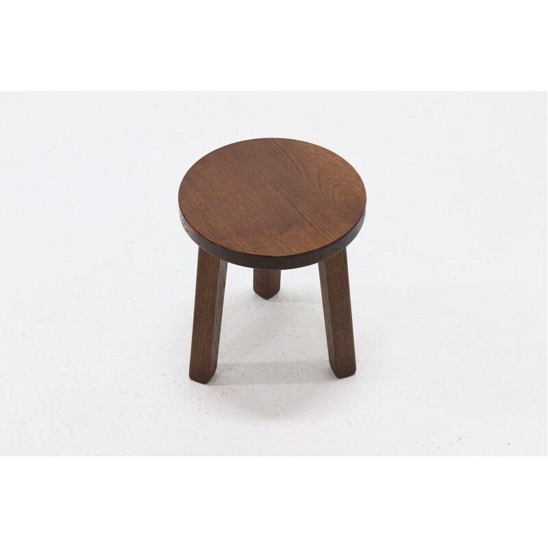 Brutalist vintage round tripod solid oakwood stool, 1960s