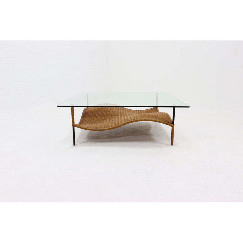 Vintage two tier Wavy rattan and glass coffee table, 1970s