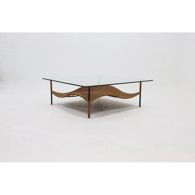Vintage two tier Wavy rattan and glass coffee table, 1970s