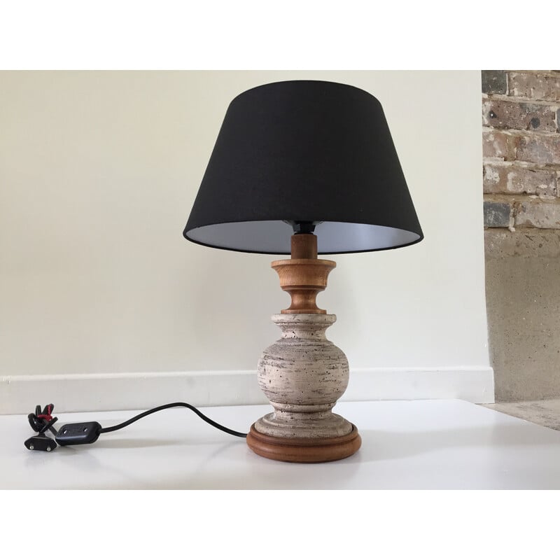 Vintage wood and stone lamp by Noaïlles, 1980-1990