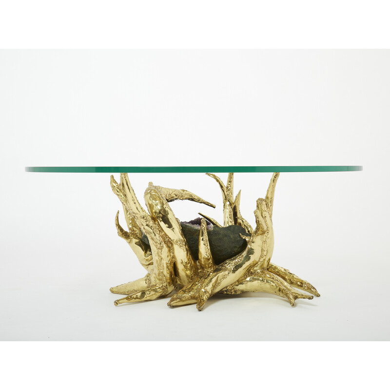 Vintage coffee table with amethyst bronze sculpture by Richard Faure, 1970