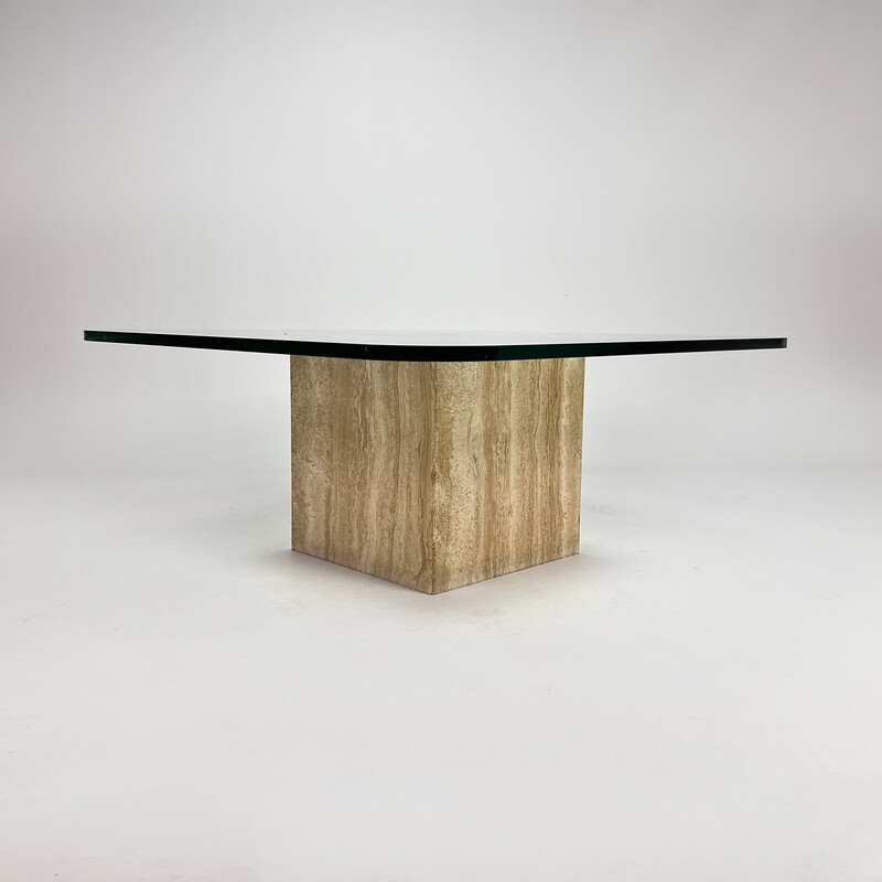 Mid century handmade glass coffee table with travertine base, 1960s