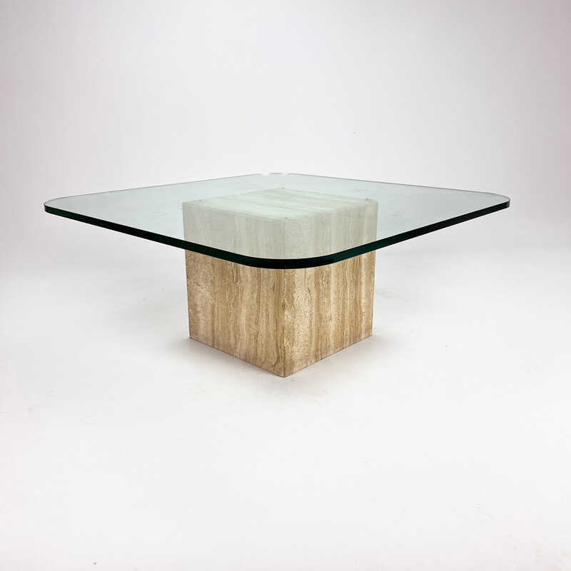 Mesa de centro de cristal de mediados de siglo hecha a mano con base de travertino, años 60