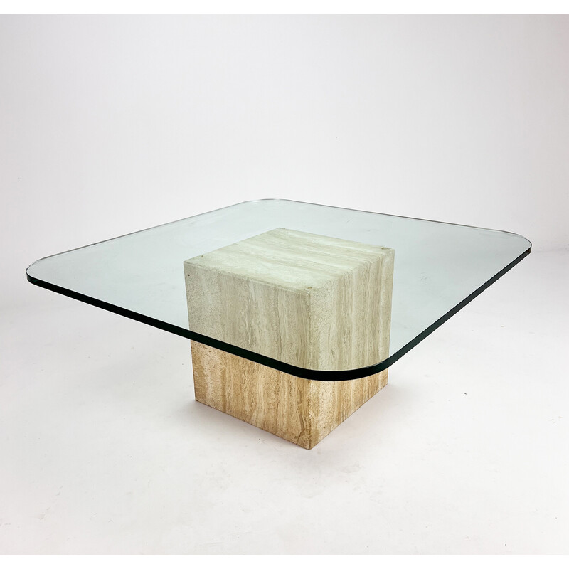 Mid century handmade glass coffee table with travertine base, 1960s