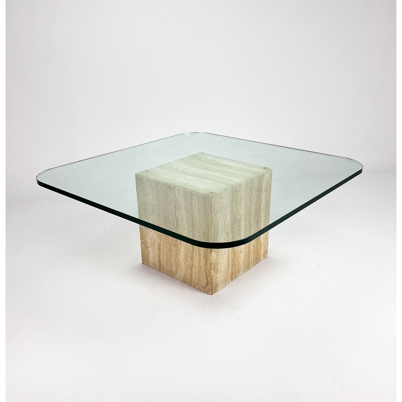 Mid century handmade glass coffee table with travertine base, 1960s