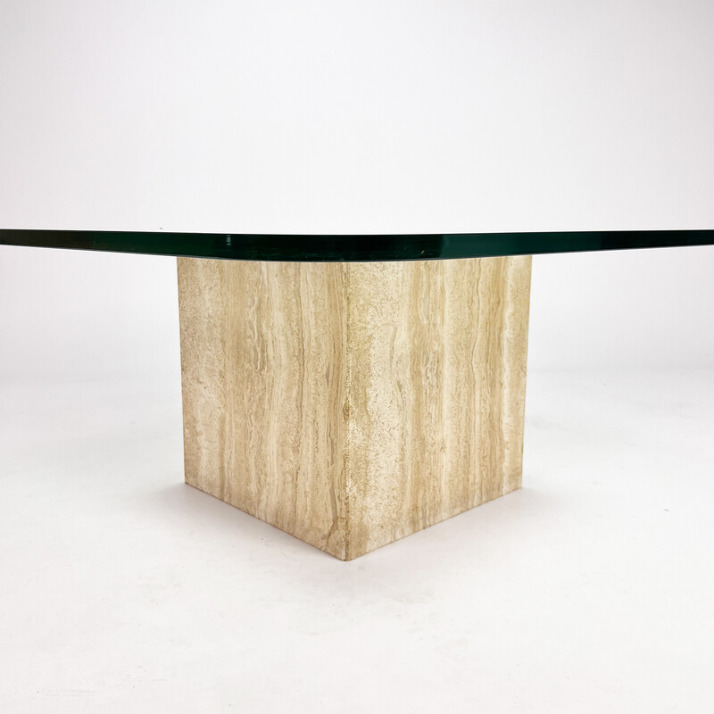 Mid century handmade glass coffee table with travertine base, 1960s