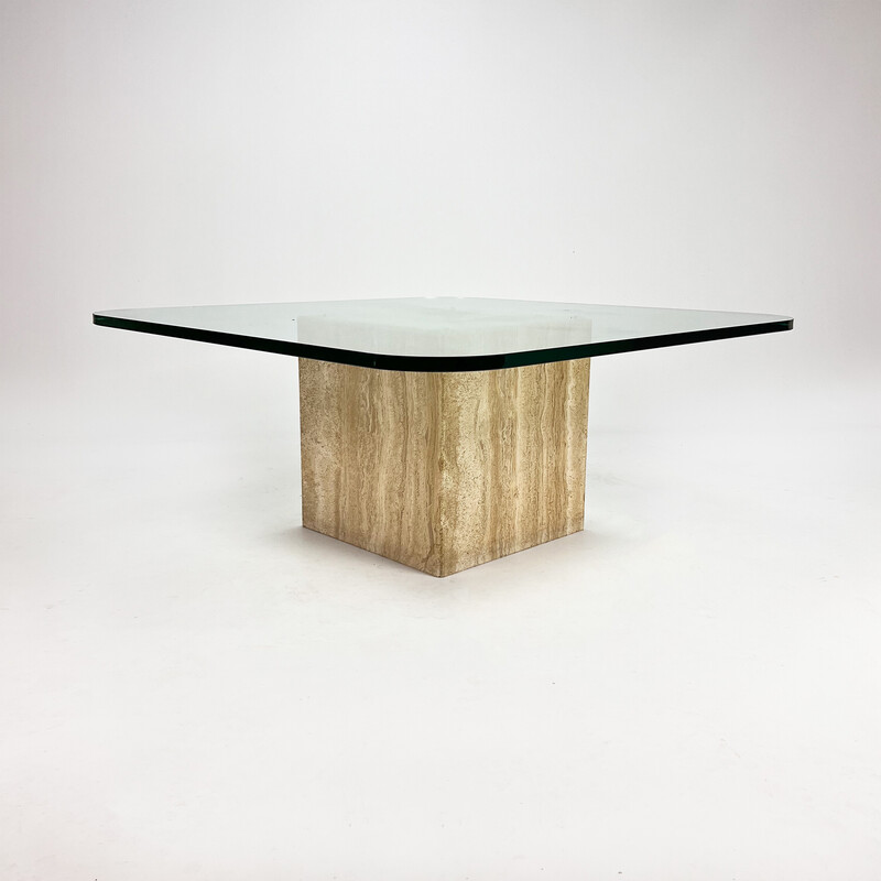 Mid century handmade glass coffee table with travertine base, 1960s