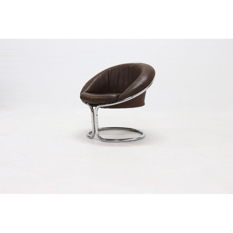 Vintage Italian chromed tubular steel and leather cantilever armchair, 1970s