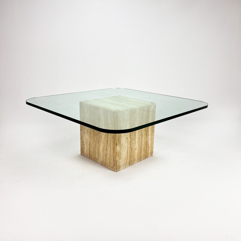 Mesa de centro de cristal de mediados de siglo hecha a mano con base de travertino, años 60